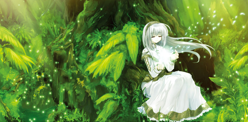 tokiame, original, 1girl, capelet, closed eyes, dress, female focus, forest, hair ornament, hairband, long hair, magic, nature, scenery, sitting, solo, white hair