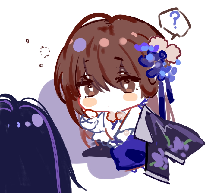 nevakuma (fanfanas), chinese commentary, 1boy, 1girl, ?, aoqun, black hair, blue ribbon, blue skirt, blush stickers, borrowed clothes, brown eyes, brown hair, chibi, chibi only, chinese clothes, closed mouth, clothes blanket, floral print, flower, hair between eyes, hair flower, hair ornament, hair ribbon, hand up, hanfu, heroine (zhangmen tai mang), hua ling, juliet sleeves, long hair, long sleeves, multicolored hair, out of frame, puffy sleeves, purple hair, ribbon, shirt, simple background, sitting, skirt, solo focus, spoken question mark, squeans, streaked hair, under covers, waking up, white background, white shirt, zhangmen tai mang