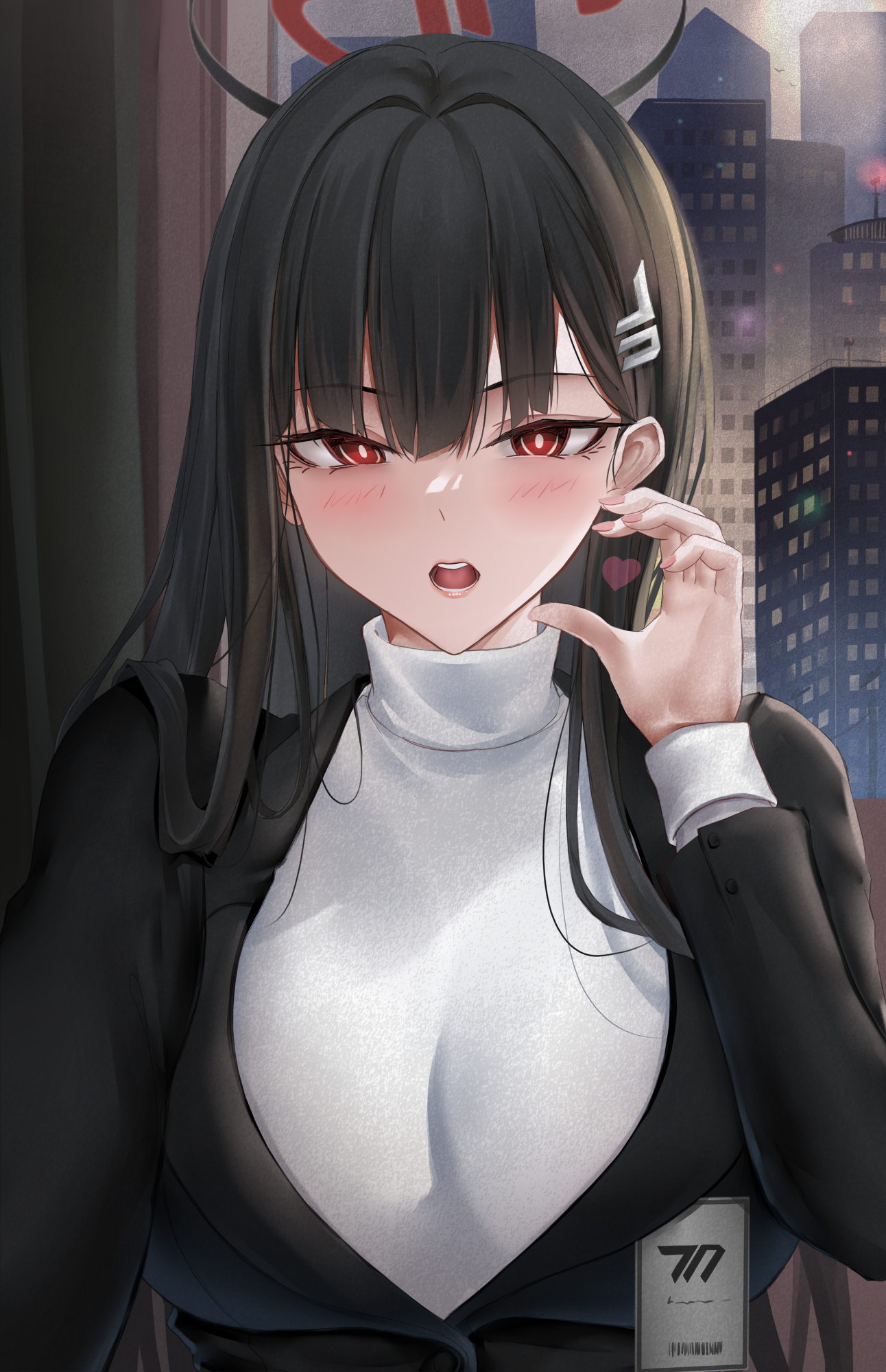 seedkeng, rio (blue archive), blue archive, highres, 1girl, black hair, black halo, breasts, bright pupils, building, hair ornament, hairclip, halo, heart, huge breasts, indoors, long hair, long sleeves, looking at viewer, millennium science school logo, multicolored halo, open mouth, red eyes, ringed eyes, solo, sweater, turtleneck, turtleneck sweater, two-tone halo, upper body, very long hair, white pupils, white sweater, window