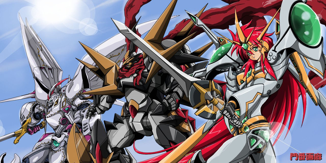 cybuster, dairaioh, valsione, valsione r, banpresto, super robot wars, super robot wars alpha, super robot wars alpha 3, super robot wars the lord of elemental, the 3rd super robot wars alpha, 1girl, armor, blue sky, day, flying, holding, holding sword, holding weapon, lens flare, looking at viewer, machinery, mecha, outdoors, robot, sky, sun, sunlight, sword, unsheathed, upper body, weapon