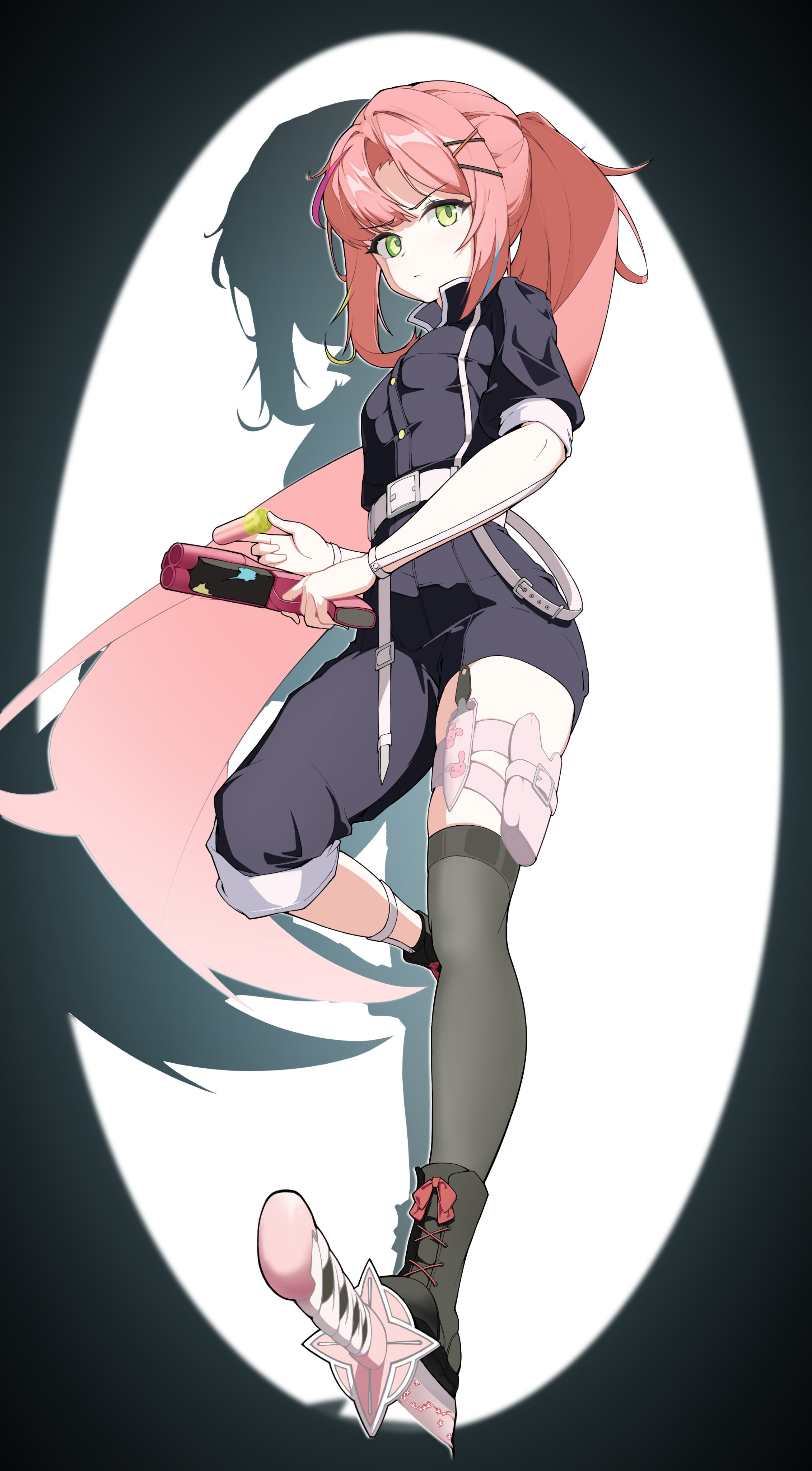 hanako nana, peto (hanako nana), stellive, absurdres, hashtag-only commentary, highres, 1girl, aqua streaks, asymmetrical pants, belt, belt buckle, black pants, black shirt, black shoes, black socks, buckle, bullet, closed mouth, collared shirt, dagger, fakeseal2, full body, green eyes, green streaks, gun, hair ornament, handgun, holding, holding bullet, holding gun, holding weapon, knife, leg up, long hair, looking at viewer, multicolored hair, over-kneehighs, pants, pink hair, pink streaks, ponytail, serious, shadow, shirt, shoes, sidelocks, single sock, socks, solo, spotlight, standing, standing on one leg, streaked hair, thigh strap, thighhighs, three-quarter sleeves, v-shaped eyebrows, very long hair, virtual youtuber, weapon, white belt, x hair ornament
