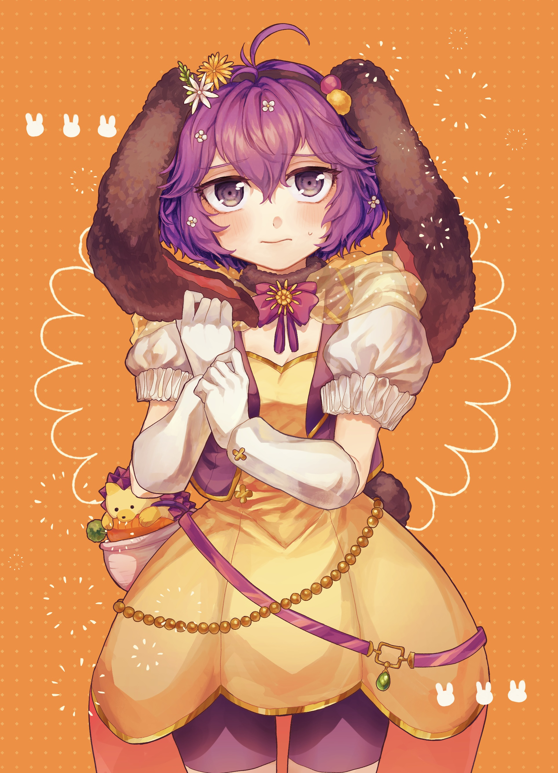 bernadetta von varley, bernadetta von varley (spring), fire emblem, fire emblem: three houses, fire emblem heroes, nintendo, absurdres, commentary request, highres, 1girl, animal ears, antenna hair, bike shorts, breasts, cleavage, cowboy shot, derina8omh, dress, fake animal ears, gloves, hair between eyes, hedgehog, looking at viewer, official alternate costume, orange background, puffy short sleeves, puffy sleeves, purple eyes, purple hair, rabbit, rabbit ears, short hair, short sleeves, simple background, small breasts, solo, sweatdrop, white gloves, yellow dress