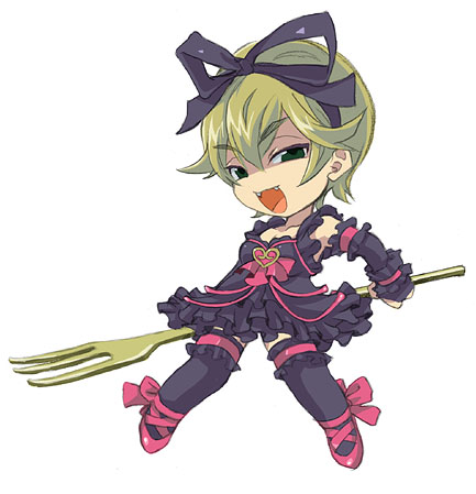 hildegard valentine, shadow hearts, shadow hearts from the new world, lowres, 1girl, chibi, female focus, fork, oversized object, solo