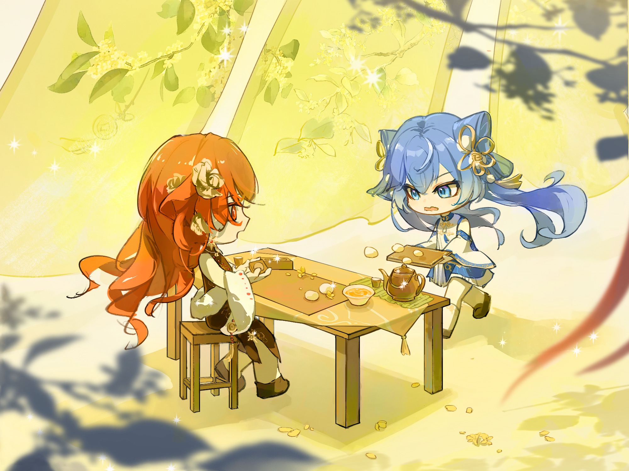huqu (huqu45712), augusta (wuthering waves), iuno (wuthering waves), wuthering waves, commentary request, highres, 2girls, blue eyes, chibi, chibi only, chinese clothes, chinese knot, cup, detached sleeves, food, hair ornament, long hair, multiple girls, official alternate costume, orange eyes, orange hair, sitting, table, teacup, teapot, twintails