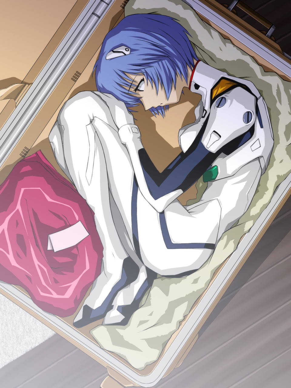 fey, fey (unknown artist), ayanami rei, neon genesis evangelion, rozen maiden, highres, 1girl, blue hair, bodysuit, box, bracer, breasts, covered erect nipples, curled up, dutch angle, female focus, fetal position, folded, from above, from side, full body, gloves, hair between eyes, hair ornament, hairpods, hand on own knee, in box, in container, indoors, interface headset (evangelion), lying, mecha pilot suit, on side, parted lips, plugsuit (evangelion), profile, red eyes, rug, short hair, skinny, small breasts, solo, suitcase, turtleneck, white bodysuit, wooden floor