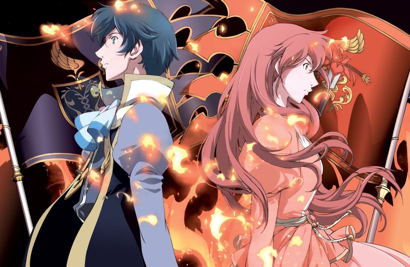 juliet, juliet fiammatta ars de capulet, romeo, romeo candore de montague, romeo x juliet, official art, 00s, 1boy, 1girl, escutcheon, fire, gire
