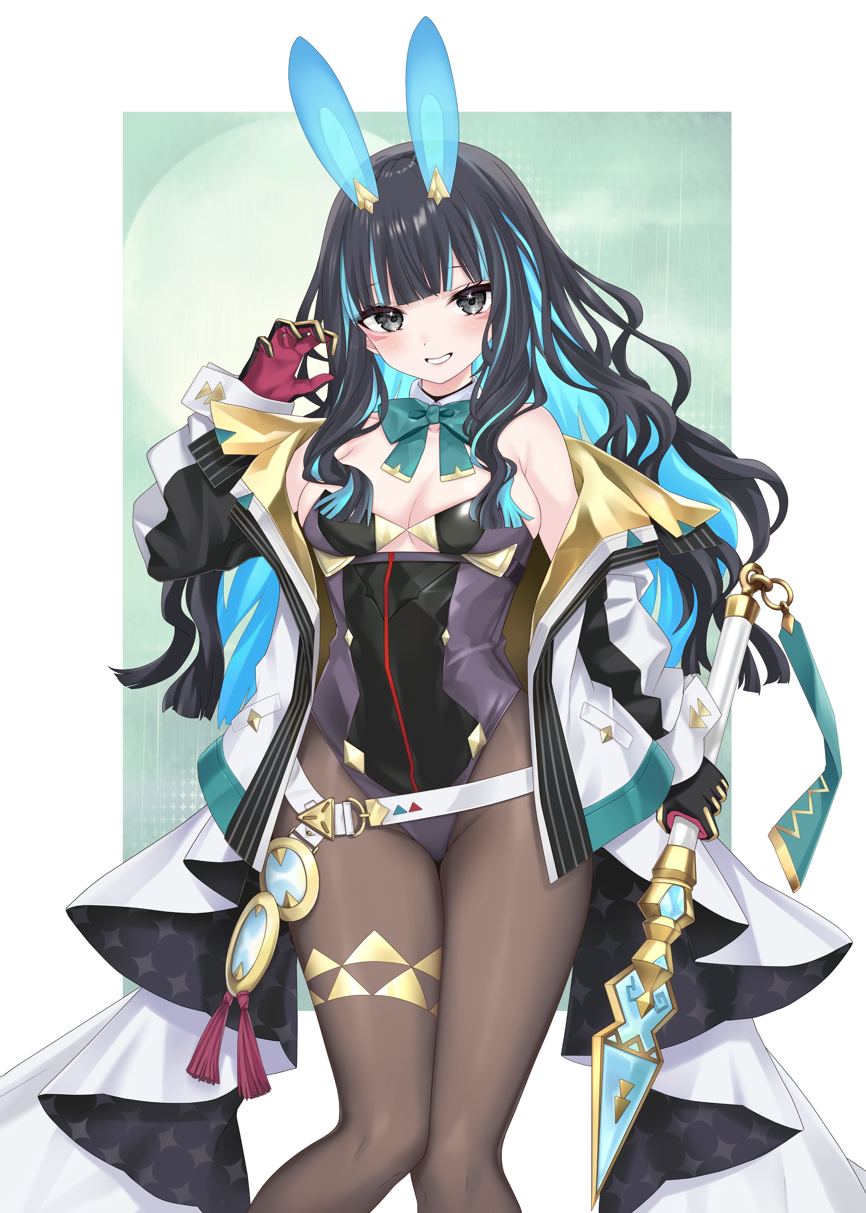 chicami, tenochtitlan (fate), tenochtitlan (swimsuit mooncancer) (third ascension) (fate), fate/grand order, fate (series), tenochtitlan (swimsuit mooncancer) (fate), absurdres, highres, 1girl, black hair, black leotard, blue hair, breasts, brown pantyhose, cleavage, colored inner hair, eyeliner, gold jacket, green ribbon, grey eyes, highleg, highleg leotard, jacket, leotard, looking at viewer, makeup, multicolored hair, multicolored jacket, multicolored leotard, pantyhose, playboy bunny, rabbit-shaped pupils, ribbon, smile, solo, symbol-shaped pupils, two-sided gloves, two-tone jacket, yellow jacket