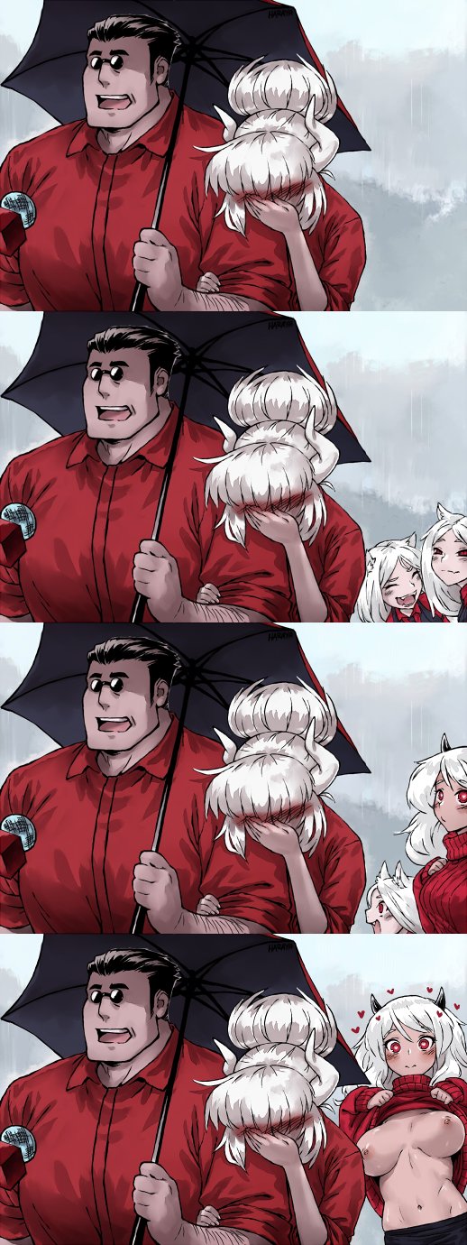 haraya manawari, helltaker (character), lucifer (helltaker), modeus (helltaker), helltaker, highres, black horns, breasts, clothes lift, covered face, covering face, demon, demon girl, demon horns, embarrassed, exhibitionism, facepalm, flashing, hand on own face, holding, holding umbrella, horns, interview, lifting own clothes, meme, microphone, navel, nipples, parody, public indecency, pulling own clothes, red shirt, red sweater, shared umbrella, shirt, side-by-side, special feeling (meme), sunglasses, sweater, triplets, umbrella, white hair, white horns