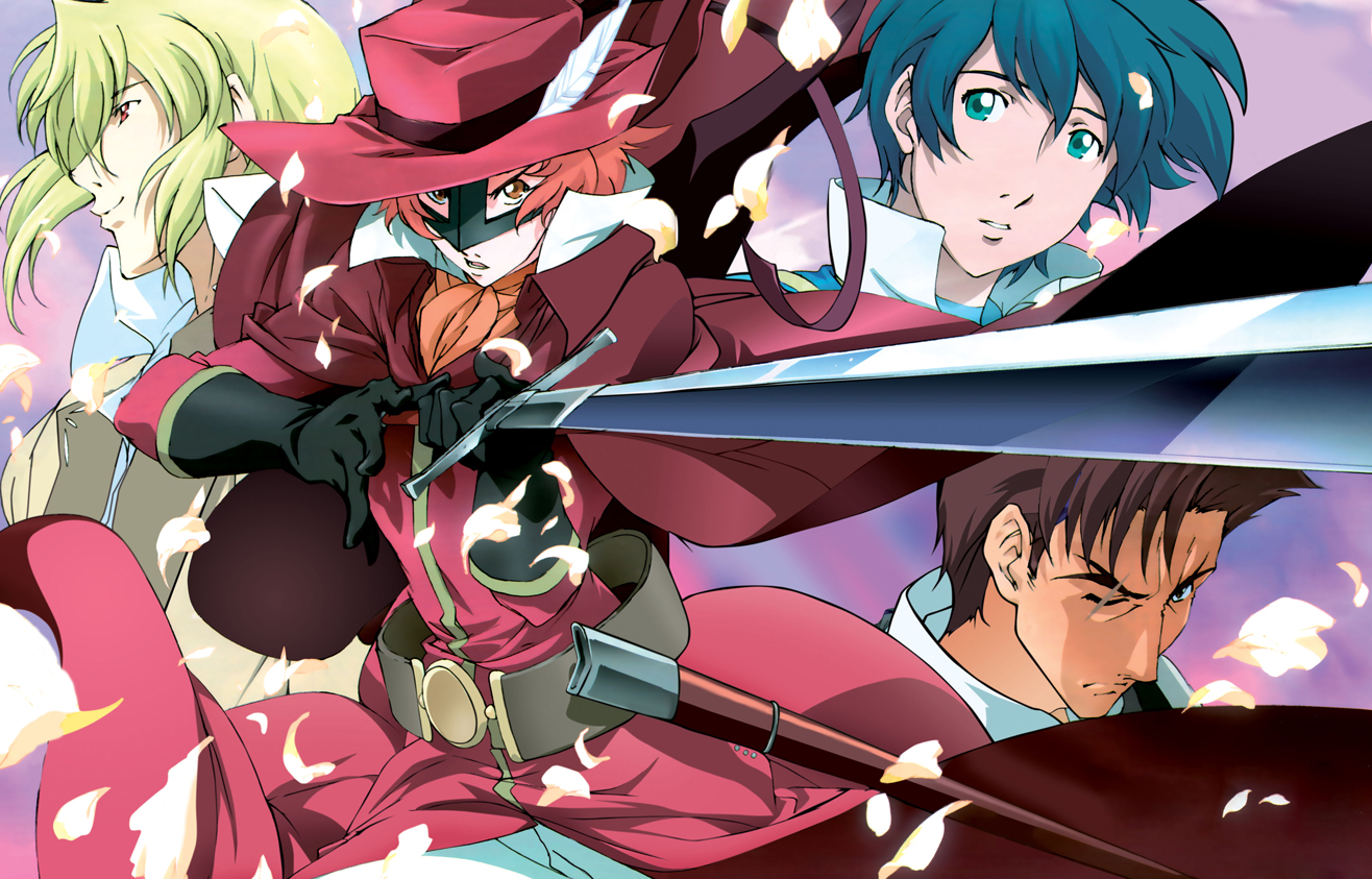 harada hiroki, curio, francisco, juliet, juliet fiammatta ars de capulet, red whirlwind, romeo, romeo candore de montague, romeo x juliet, 00s, 1girl, 3boys, androgynous, foreshortening, multiple boys, reverse trap, sword, weapon