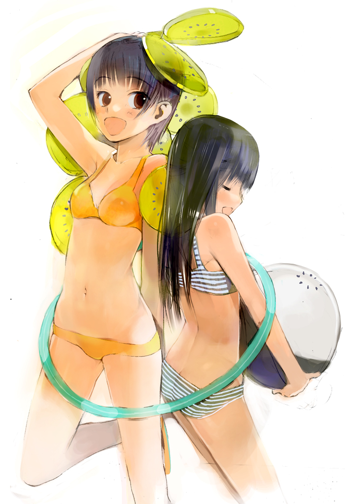 okama, original, 2girls, bikini, hoop, hula hoop, multiple girls, striped bikini, striped clothes, swimsuit