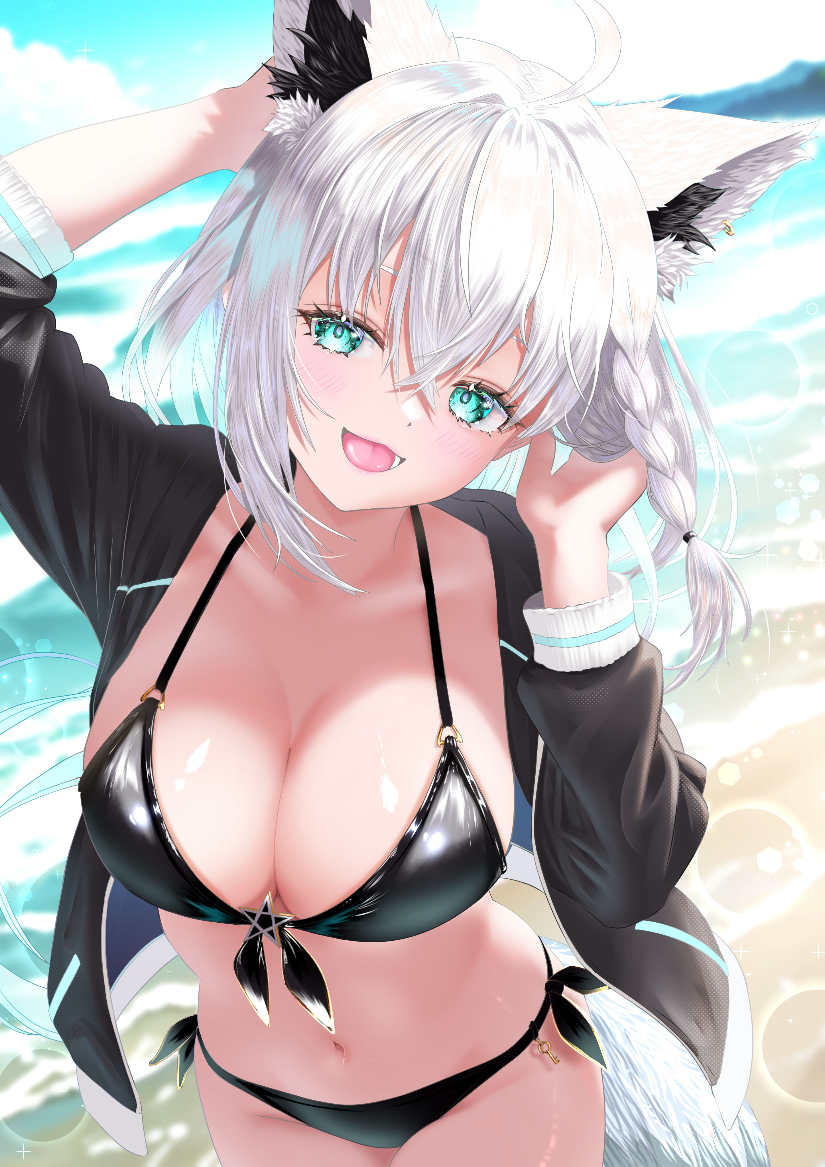nanaki24, shirakami fubuki, hololive, absurdres, commentary, highres, 1girl, ahoge, animal ears, arm up, beach, bikini, black bikini, black jacket, blue eyes, braid, breasts, cleavage, cowboy shot, fox ears, fox tail, front-tie bikini top, front-tie top, hand up, jacket, large breasts, long hair, looking at viewer, navel, open clothes, open jacket, open mouth, side-tie bikini bottom, smile, solo, stomach, string bikini, swimsuit, tail, virtual youtuber, white hair