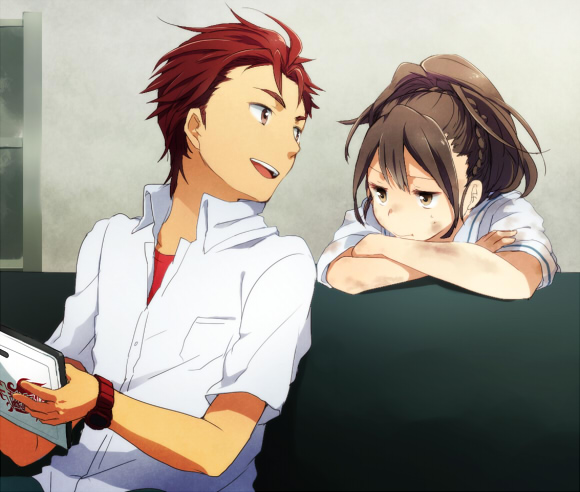 takana (nanao), senomiya akiho, yashio kaito, robotics;notes, science adventure, 1boy, 1girl, blue pants, braid, brown eyes, brown hair, chuo tanegashima high school uniform, closed mouth, collared shirt, couch, crossed arms, dirty, dirty face, hair between eyes, half up braid, high ponytail, holding, holding tablet pc, long hair, looking back, narrowed eyes, on couch, pants, ponytail, ponytail with braided base, pout, red eyes, red hair, red shirt, school uniform, shirt, shirt under shirt, short hair, short sleeves, smile, tablet pc, teeth, tongue, upper teeth only, watch, white shirt, wristwatch