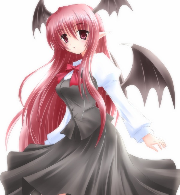 shirotsuki kouta, koakuma, embodiment of scarlet devil, touhou, 1girl, bat wings, blush, bow, demon, female focus, head wings, pink hair, pointy ears, skirt, solo, wings