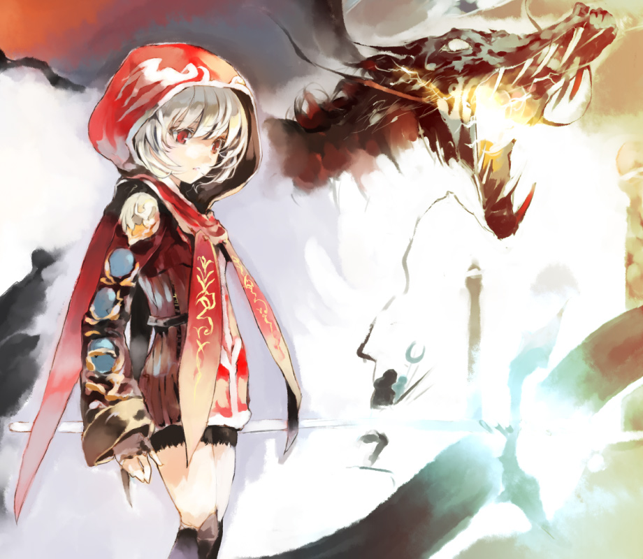 mo, shunsei (muratou), fantasy earth zero, 1girl, albino, dragon, female focus, hood, hoodie, red eyes, short hair, solo, white hair