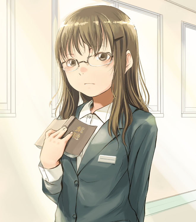 sody, original, 1girl, blazer, blush, book, brown eyes, brown hair, buttons, closed mouth, collared shirt, dress shirt, female focus, frown, glasses, hair ornament, hairclip, holding, holding book, jacket, long hair, long sleeves, looking at viewer, name tag, open book, rimless eyewear, school uniform, serafuku, shirt, solo, upper body, white shirt, window