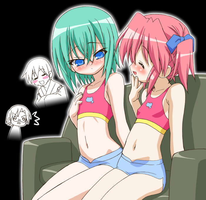 gambler club, iwasaki minami, izumi soujirou, kobayakawa yutaka, narumi yui, lucky star, 00s, 1boy, 3girls, breast envy, flat chest, midriff, multiple girls, navel, short shorts, shorts, sports bra
