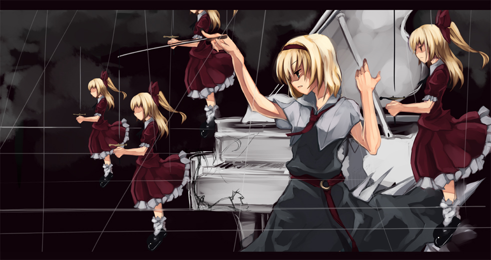 shimadoriru, alice margatroid, shanghai doll, touhou, 1girl, blonde hair, blue eyes, doll, female focus, hairband, instrument, piano, short hair, solo, wand
