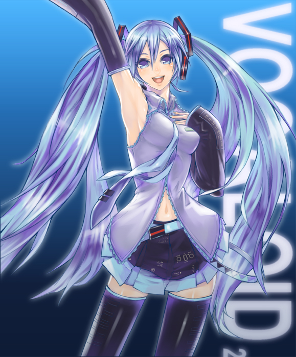 nidy, hatsune miku, vocaloid, 1girl, aqua belt, aqua necktie, armpits, belt, black thighhighs, blouse, blue background, collared shirt, copyright name, female focus, frilled shirt, frills, glowing, gradient background, grey shirt, hair between eyes, long hair, necktie, shirt, sleeveless, sleeveless shirt, solo, thighhighs, twintails, very long hair, zettai ryouiki