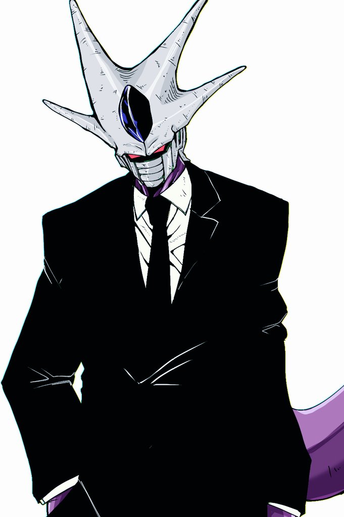 cooler (dragon ball), dragon ball, dragonball z, 1boy, black jacket, black suit, colored skin, cowboy shot, formal clothes, hand in pocket, jacket, male focus, mokorakugaki, purple skin, red eyes, shirt, simple background, solo, suit, white background, white shirt