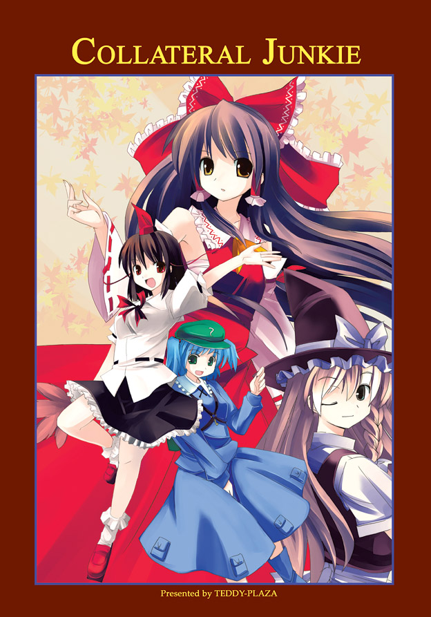 seo tatsuya, hakurei reimu, kawashiro nitori, kirisame marisa, shameimaru aya, touhou, 4girls, bad anatomy, blonde hair, blue eyes, blue hair, blush, bobby socks, bow, braid, brown hair, expressionless, female focus, floating hair, frills, geta, hair bow, hand fan, hat, key, long hair, long skirt, looking at viewer, multiple girls, neck ribbon, one eye closed, outstretched arm, pocket, poorly drawn, red eyes, ribbon, shirt, short hair, side braid, skirt, smile, socks, tengu-geta, tokin hat, twintails, two side up, very long hair, wink, witch hat, yellow eyes