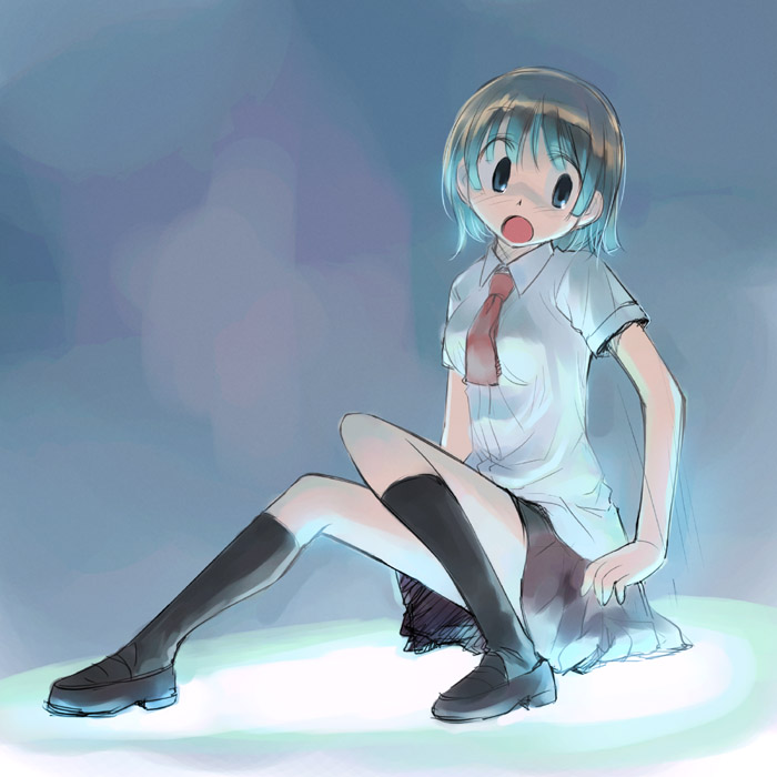 ikeda jun (mizutamari), original, reversed, 1girl, female focus, green eyes, green hair, kneehighs, matching hair/eyes, necktie, open mouth, school uniform, serafuku, short hair, sitting, socks, solo, square-end necktie