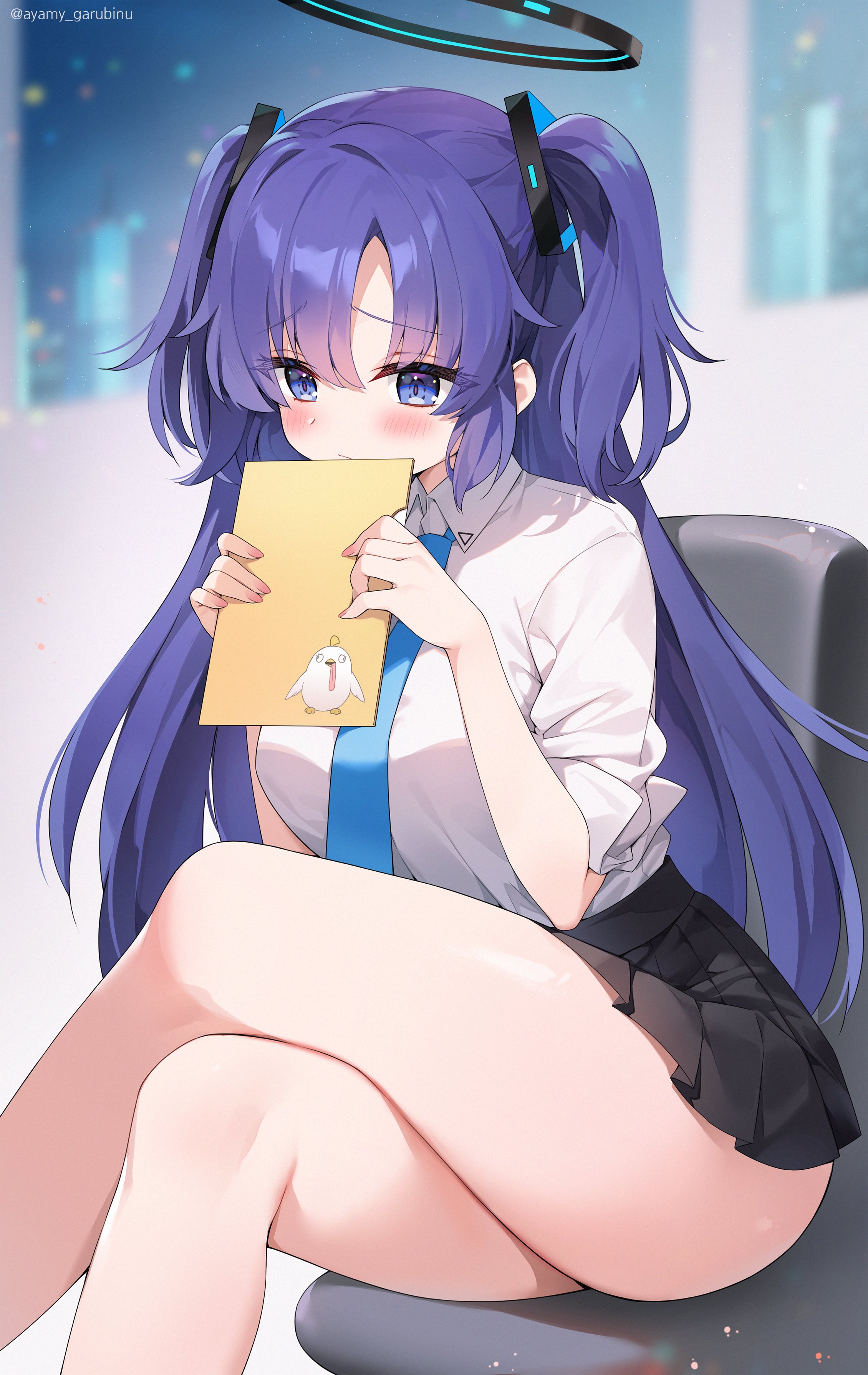 ayamy, yuuka (blue archive), blue archive, absurdres, highres, 1girl, black skirt, blue eyes, blue necktie, blurry, blurry background, breasts, chair, collared shirt, crossed legs, dress shirt, hair ornament, halo, headgear, holding, indoors, large breasts, long hair, looking at viewer, mechanical halo, miniskirt, necktie, on chair, pleated skirt, purple hair, school uniform, shirt, shirt tucked in, sitting, skirt, sleeves rolled up, solo, triangle hair ornament, two side up, very long hair, white shirt