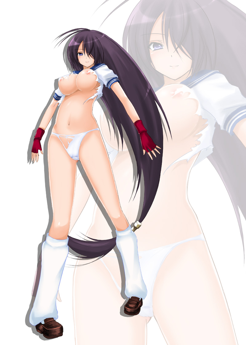 shima-shuu, kan'u unchou, ikkitousen, 00s, 1girl, arms at sides, breasts, brown shoes, female focus, huge breasts, long hair, low-tied long hair, nipples, panties, shirt, shoes, solo, torn clothes, torn panties, torn shirt, underwear, zoom layer