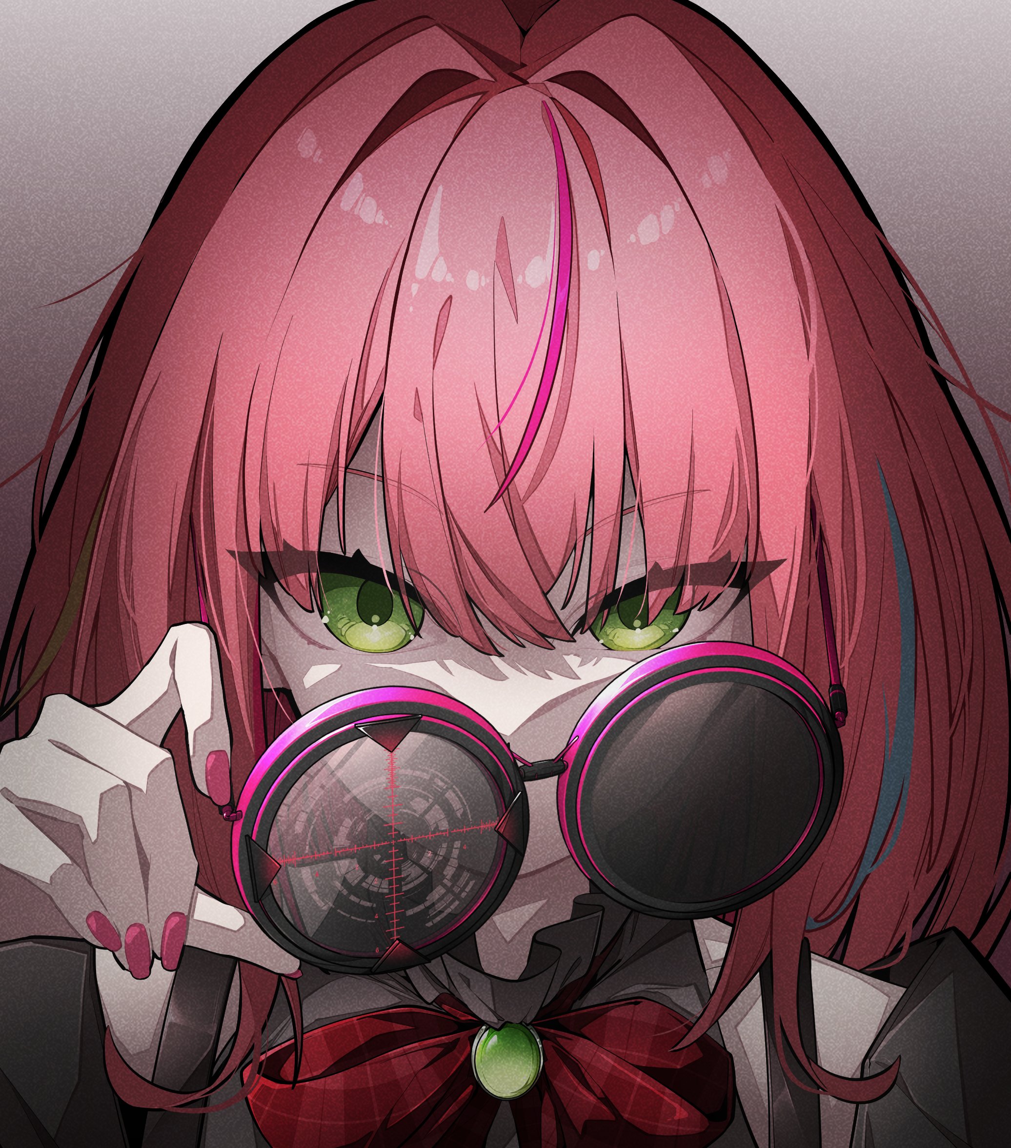 c jung8, hanako nana, stellive, hashtag-only commentary, highres, 1girl, aqua streaks, black shirt, bow, bowtie, covered mouth, crosshair, film grain, fingernails, frilled shirt collar, frills, gradient background, green eyes, grey background, hair between eyes, hair intakes, hand up, holding, holding removed eyewear, long hair, multicolored hair, nail polish, pink-framed eyewear, pink hair, pink nails, pink streaks, plaid bow, plaid bowtie, plaid clothes, portrait, red bow, red bowtie, round eyewear, shirt, solo, streaked hair, tsurime, unworn eyewear, virtual youtuber, wispy bangs