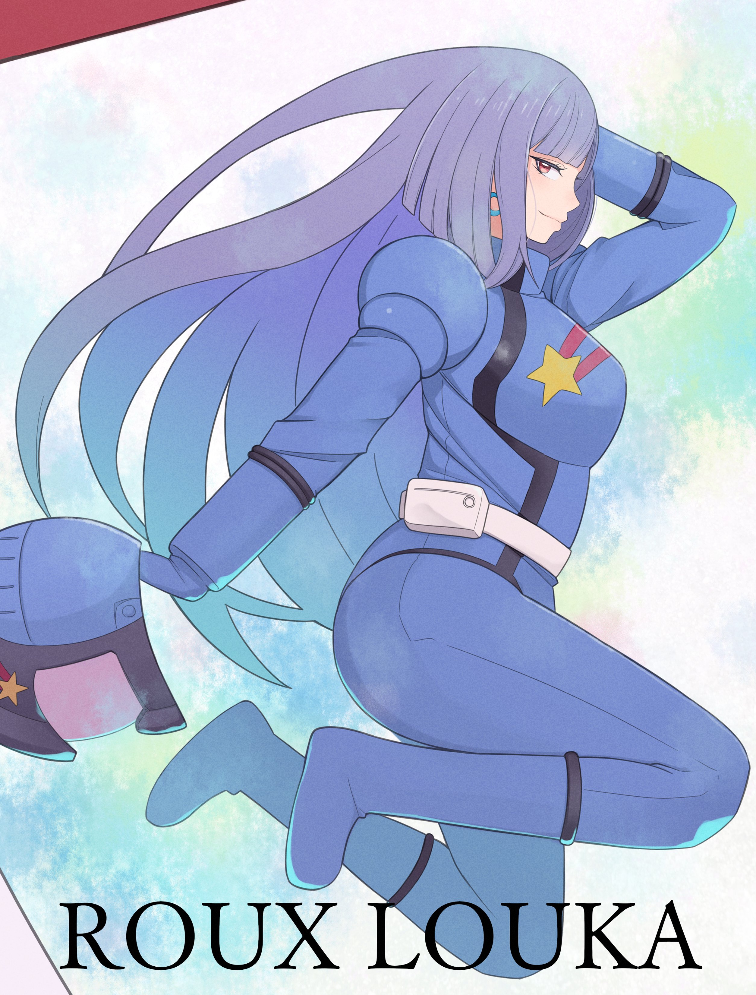 konishiki (52siki), roux louka, gundam, gundam zz, absurdres, highres, 1girl, aeug, blue bodysuit, blush, bodysuit, breasts, character name, clover background, earrings, helmet, jewelry, large breasts, long hair, looking at viewer, mecha pilot suit, normal suit (gundam), pouch, purple eyes, purple hair, robot, science fiction, smile, solo, unworn headwear, unworn helmet