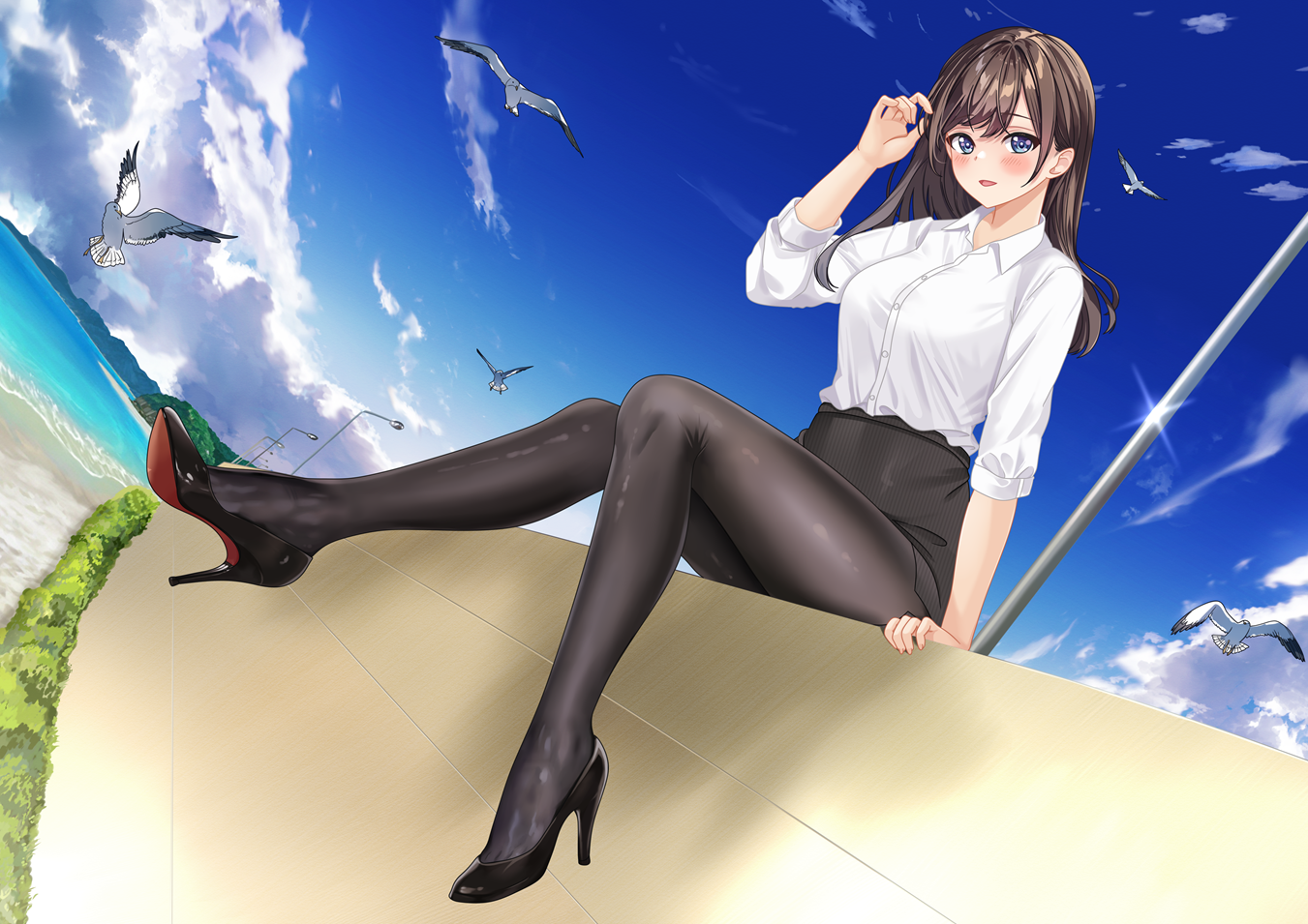 youlancangkong, original, bird, black pantyhose, blue eyes, blush, brown hair, embarrassed, feet, hand in own hair, high heels, legs, nose blush, office lady, pantyhose, seagull, sitting