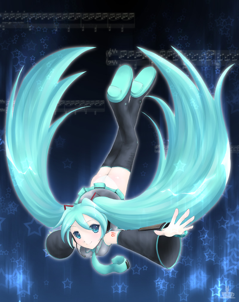 minyo, hatsune miku, vocaloid, 1girl, aqua hair, aqua necktie, ass, bare shoulders, black thighhighs, blue background, blue eyes, body blush, boots, breasts, closed mouth, collared shirt, detached sleeves, falling, female focus, frilled shirt, frills, grey shirt, long hair, nail polish, necktie, outstretched arms, panties, pleated skirt, see-through clothes, sheet music, shirt, skirt, sleeveless, sleeveless shirt, small breasts, smile, soles, solo, star (symbol), tattoo, thigh boots, thighhighs, twintails, underwear, very long hair, white panties, wind, wind lift