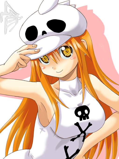 yaso shigeru, honue, ukagaka, 1girl, armpits, bare shoulders, female focus, hat, impossible clothes, long hair, orange hair, solo, yellow eyes