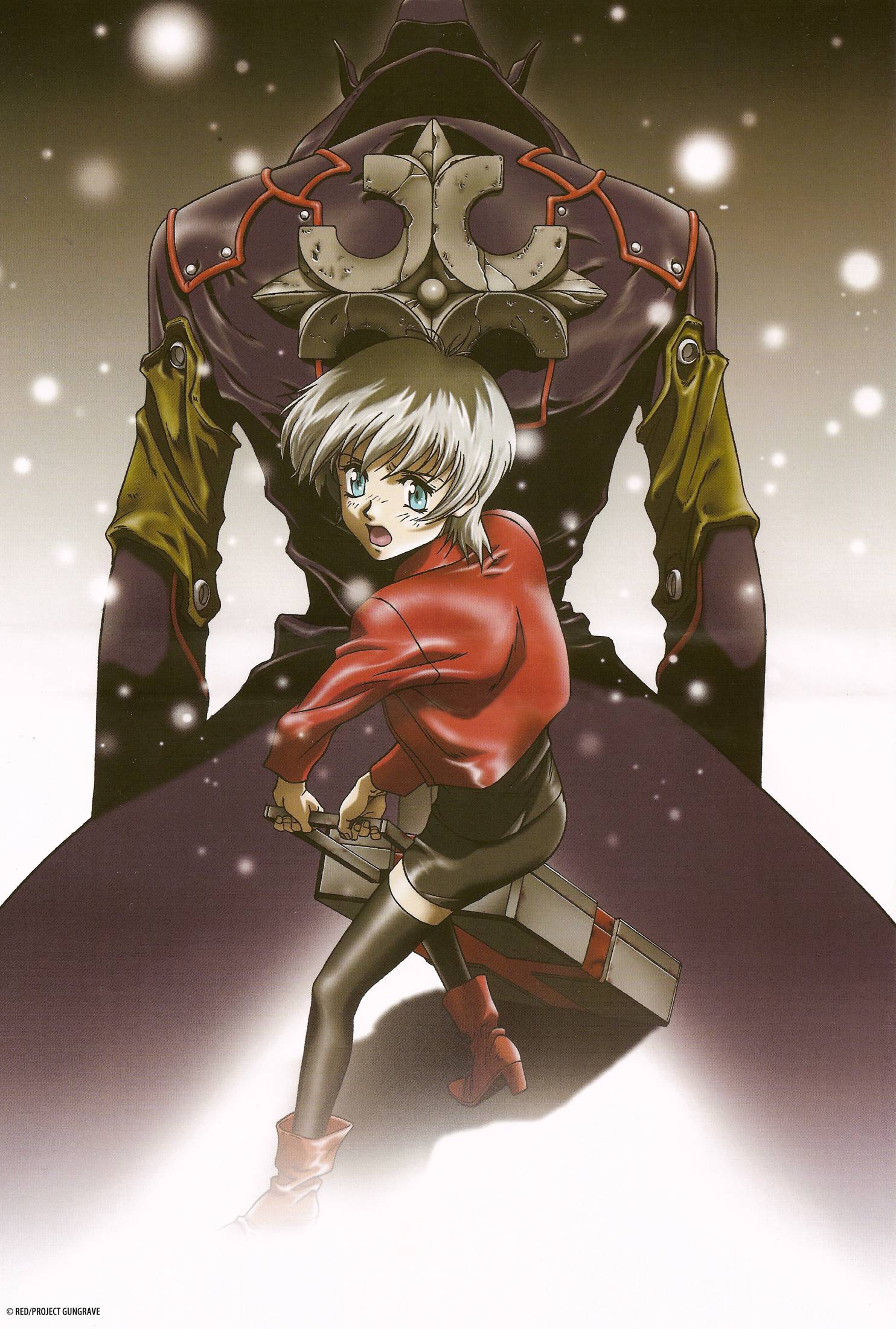 asagi mika, beyond the grave, gungrave, silver hair, highres, official art, scan, 00s, 1boy, 1girl, back, black skirt, blue eyes, boots, copyright name, copyright notice, jacket, miniskirt, open mouth, red jacket, short hair, skirt, thighhighs, zettai ryouiki