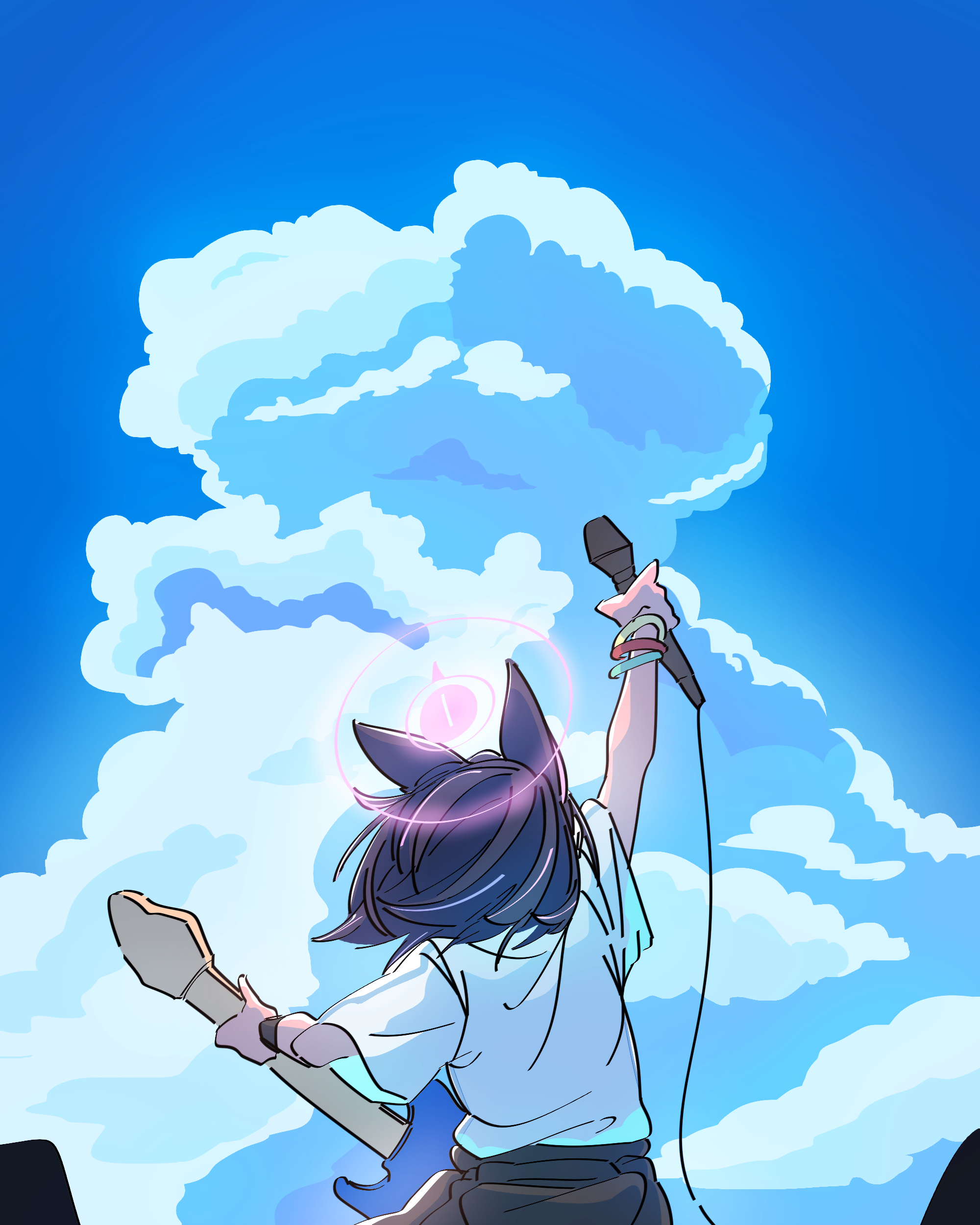 cressida cu, kazusa (band) (blue archive), kazusa (blue archive), blue archive, absurdres, highres, 1girl, arm up, black hair, blue sky, bracelet, cloud, from behind, guitar, halo, hand up, holding, holding guitar, holding instrument, holding microphone, instrument, jacket, jewelry, medium hair, microphone, pink halo, shirt, short sleeves, sky, solo, tied jacket, white shirt