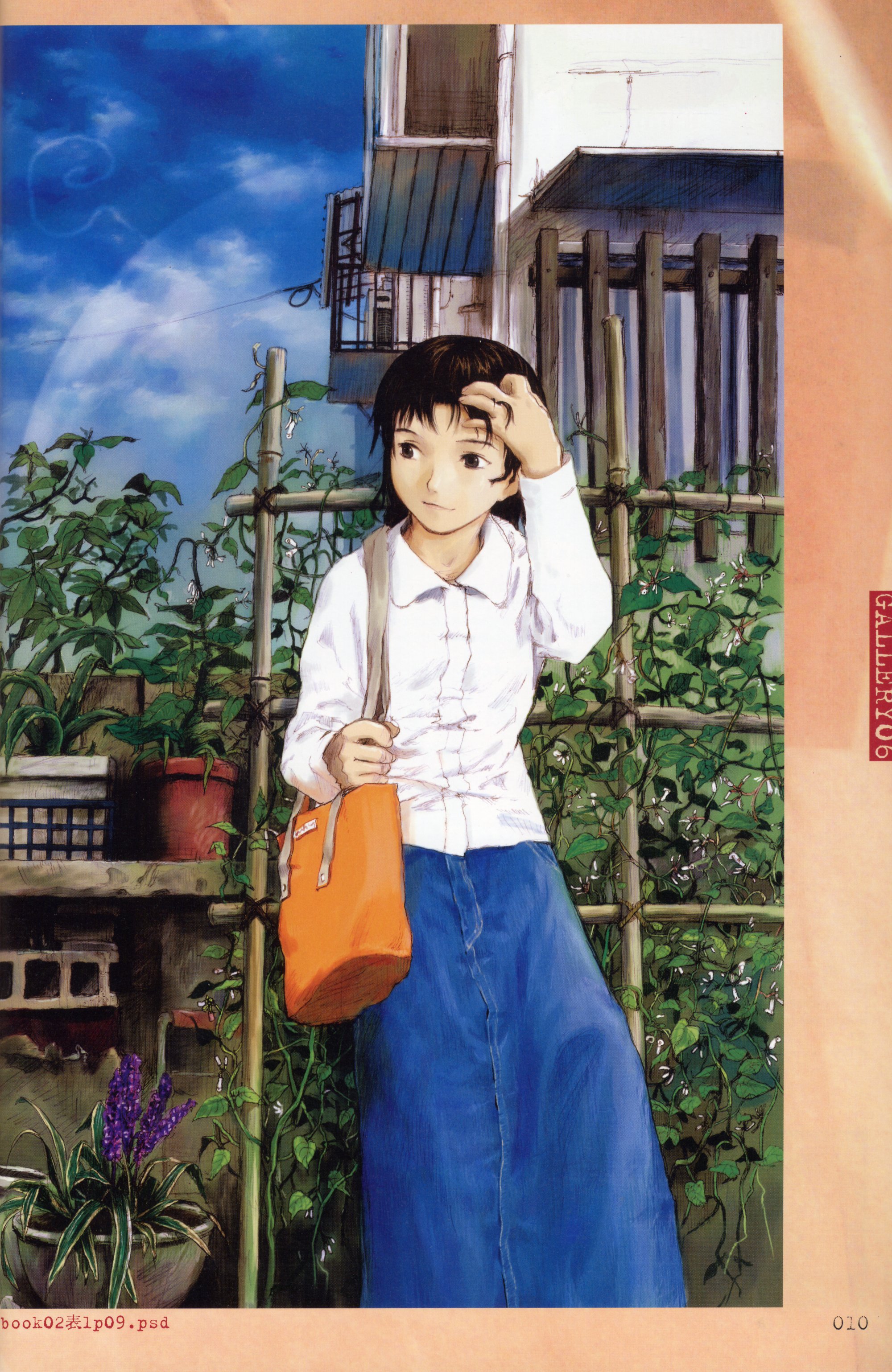 abe yoshitoshi, chigasaki mayuko, niea 7, absurdres, highres, scan, 00s, 1girl, adjusting hair, air conditioner, androgynous, bag, balcony, blouse, blue sky, brown eyes, brown hair, bulge, closed mouth, cloud, collared shirt, day, denim, denim skirt, female focus, flower, flower pot, hand in own hair, handbag, house, hyacinth, long skirt, long sleeves, looking to the side, outdoors, over shoulder, page number, plant, potted plant, railing, shirt, short hair, skirt, sky, smile, solo, white shirt, wing collar