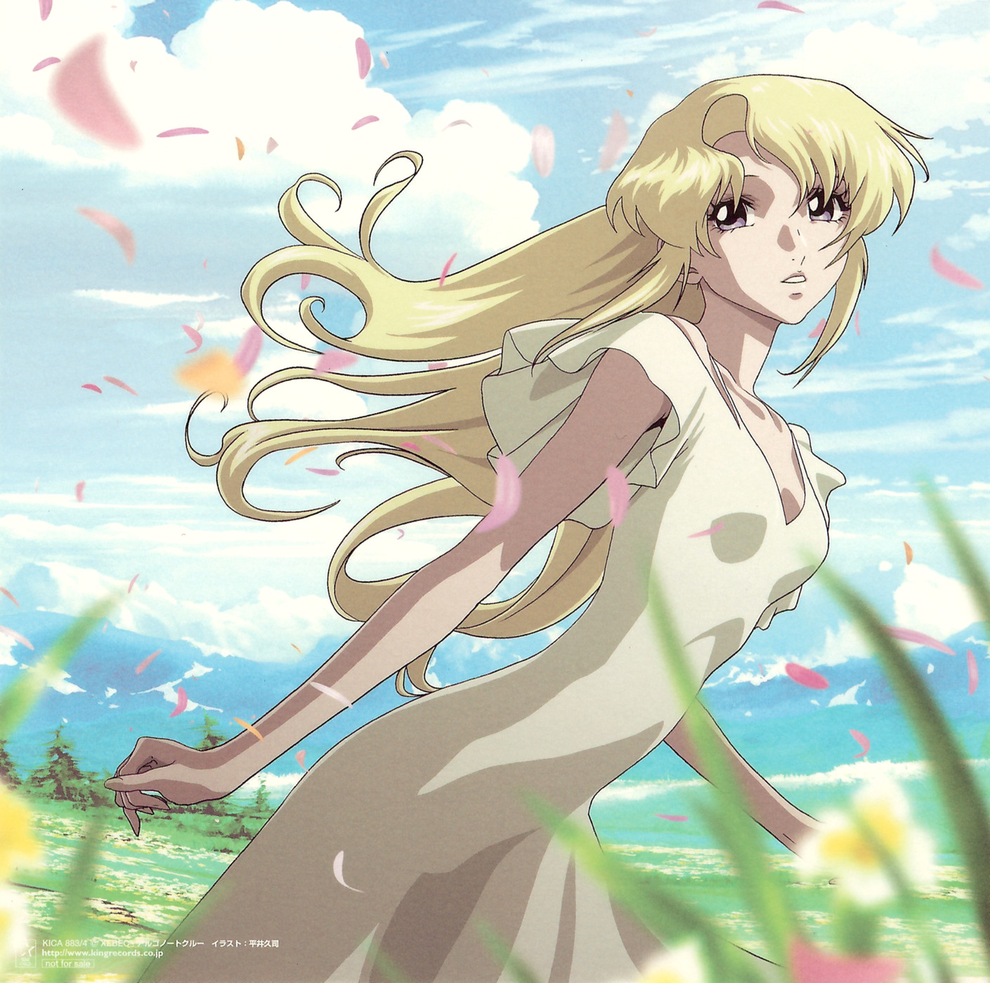 hirai hisashi, deianeira, heroic age, highres, official art, 00s, 1girl, blonde hair, dress, female focus, pink eyes, solo