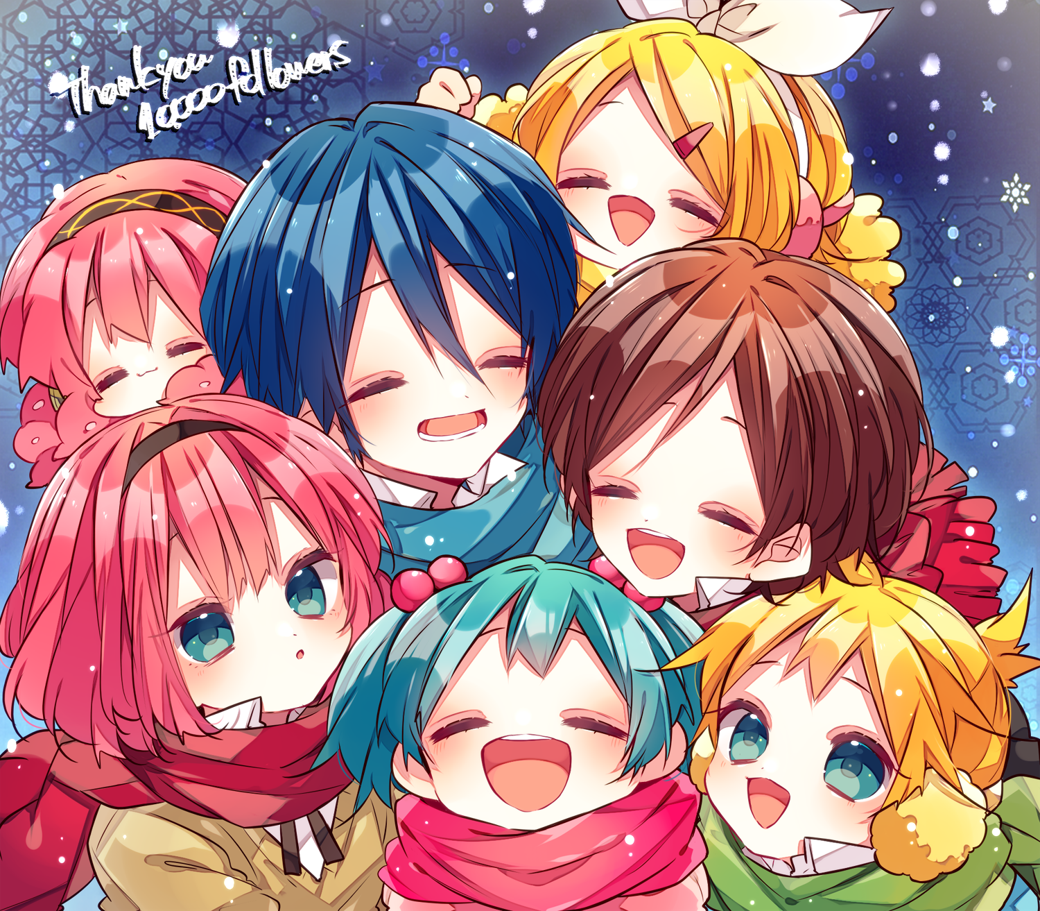 kaho 0102, hatsune miku, kagamine len, kagamine rin, kaito (vocaloid), megurine luka, meiko (vocaloid), takoluka, vocaloid, commentary request, highres, 2boys, 4girls, :3, :d, :o, black hairband, blonde hair, blue eyes, blue hair, blue scarf, brown hair, brown sweater, closed eyes, closed mouth, double-parted bangs, earmuffs, green scarf, hair between eyes, hair bobbles, hair ornament, hair ribbon, hairband, milestone celebration, multiple boys, multiple girls, open mouth, pink hair, red scarf, ribbon, scarf, short hair, smile, snowflakes, sweater, thank you, upper body, white ribbon