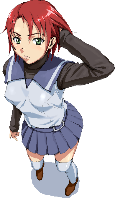 nigou, yuuki nao, my-hime, 00s, 1girl, female focus, full body, green eyes, long sleeves, looking at viewer, pleated skirt, red hair, ruffling hair, short hair, simple background, skirt, solo, standing, thighhighs, white background, white thighhighs