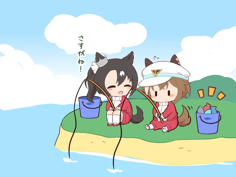 gomashio (goma feet), cheval grand (umamusume), satono crown (umamusume), umamusume, commentary request, translation request, 2girls, ^ ^, animal ears, blue sky, blush, brown hair, bucket, chibi, chibi only, closed eyes, cloud, crown, day, ears through headwear, fish, fishing, fishing rod, hat, holding, holding fishing rod, horse ears, horse girl, horse tail, jacket, long sleeves, multicolored hair, multiple girls, no mouth, notice lines, open mouth, outdoors, red jacket, red shoes, red shorts, shoes, short hair, shorts, sitting, sky, socks, tail, tracen training uniform, track jacket, two-tone hair, white hair, white hat, white socks, | |