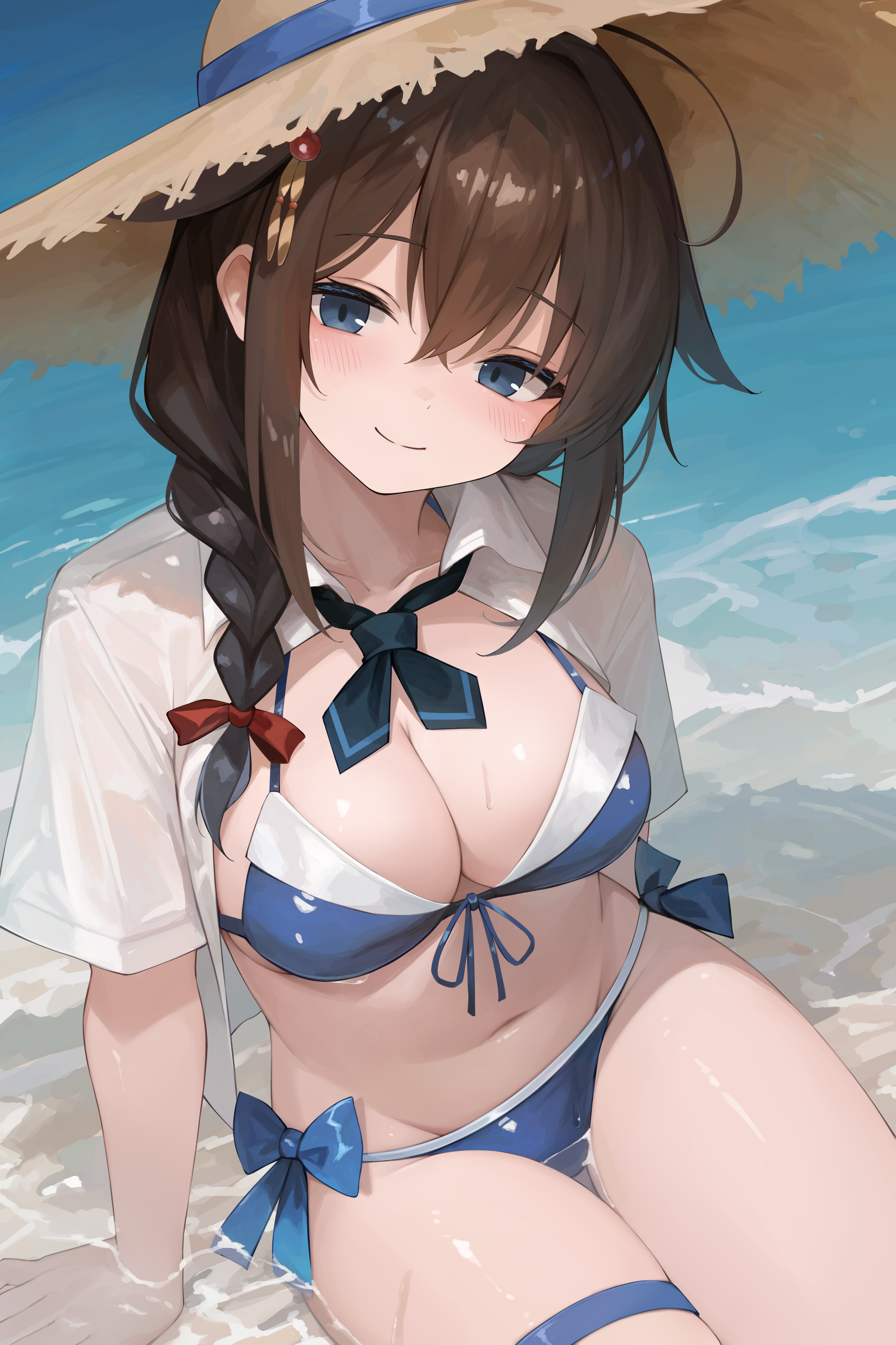 tateishi kureha, shigure (kancolle), shigure kai san (kancolle), shigure kai san (swimsuit) (kancolle), kantai collection, absurdres, commentary request, highres, 1girl, bikini, blue bikini, blue bow, blue eyes, blush, bow, bow bikini, braid, breasts, brown hair, brown hat, cleavage, closed mouth, front-tie bikini top, front-tie top, hair between eyes, hair flaps, hair over shoulder, hat, long hair, looking at viewer, medium breasts, navel, ocean, official alternate costume, open clothes, open shirt, shirt, short sleeves, side-tie bikini bottom, single braid, sitting, sitting on water, smile, solo, stomach, straw hat, sun hat, swimsuit, thigh strap, wet, white shirt