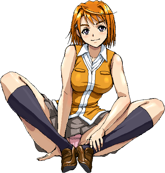 nigou, tokiha mai, my-hime, 00s, 1girl, black socks, brown shoes, feet together, female focus, full body, grey skirt, kneehighs, knees apart feet together, loafers, looking at viewer, oekaki, orange hair, orange shirt, panties, pantyshot, pink panties, pleated skirt, school uniform, serafuku, shirt, shoes, short hair, simple background, sitting, skirt, sleeveless, sleeveless shirt, smile, socks, solo, underwear, white background