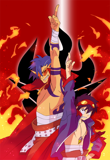 b255, quareal, kamina (ttgl), simon (ttgl), tengen toppa gurren lagann, 00s, 2boys, bandages, blue hair, bodypaint, cape, drill, fire, glasses, goggles, goggles on head, grin, kamina pose, kamina shades, male focus, multiple boys, open clothes, open shirt, pointing, pointing up, shirt, smile, topless male, triangular eyewear