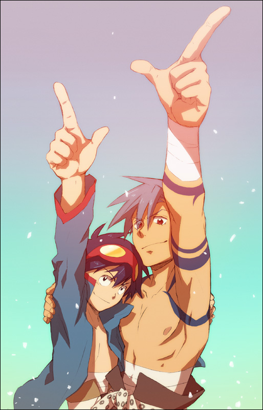 mikazuki (feimao), kamina (ttgl), simon (ttgl), tengen toppa gurren lagann, 00s, 2boys, bandages, blue hair, bodypaint, goggles, goggles on head, kamina pose, male focus, multiple boys, open clothes, open shirt, pointing, pointing up, shirt, topless male