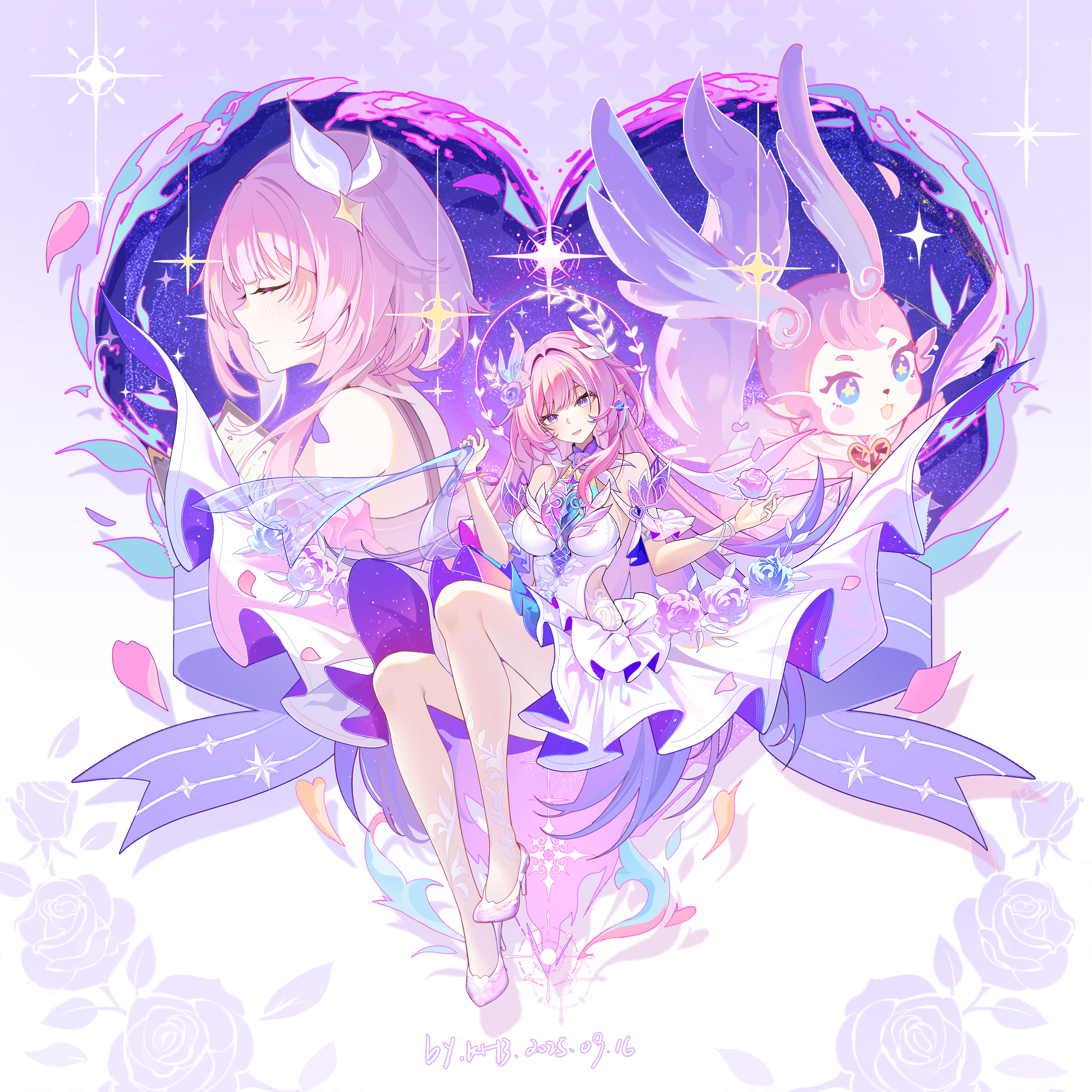 miaogujun, cyrene (honkai: star rail), cyrene (ripples of past reverie) (honkai: star rail), mem (honkai: star rail), honkai: star rail, honkai (series), highres, 1girl, artist name, bare shoulders, blue eyes, blush, book, closed eyes, closed mouth, cyrene (aedes elysiae) (honkai: star rail), dated, diamond-shaped pupils, diamond (shape), dress, earrings, flower, from side, hair flower, hair ornament, halo, halo behind head, high heels, holding, holding pen, jewelry, long hair, looking at viewer, open mouth, pen, petals, pink hair, pink nails, pointy ears, solo, star-shaped pupils, star (symbol), symbol-shaped pupils, white dress