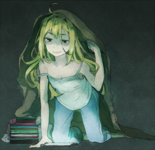 takana (nanao), koujiro frau, robotics;notes, science adventure, 1girl, ahoge, barefoot, blonde hair, blue shorts, brown eyes, lace-trimmed collar, lace-trimmed tank top, lace trim, long hair, loungewear, shorts, smug, solo, strap pull, under covers