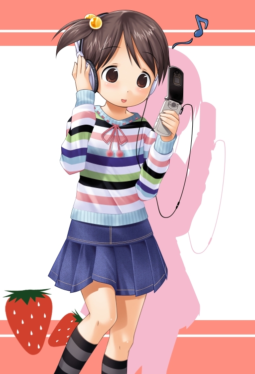 itou chika, ichigo mashimaro, blouse, cellphone, child, headphones, multicolored shirt, phone, shirt, skirt, solo, striped clothes, striped shirt
