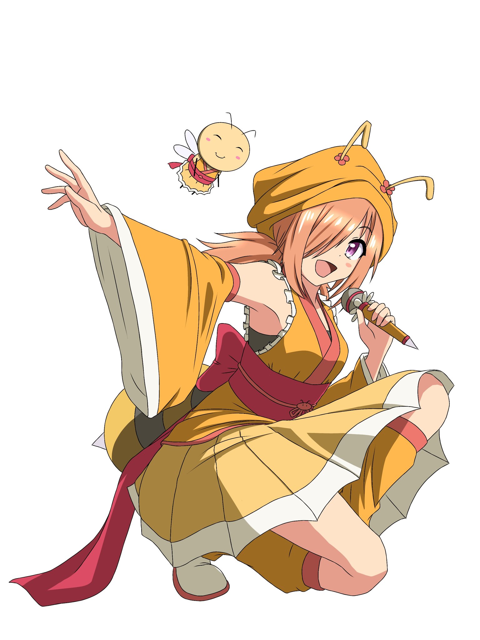 1girl, bee, brown hair, bug, insect, microphone, purple eyes, skirt, yellow skirt