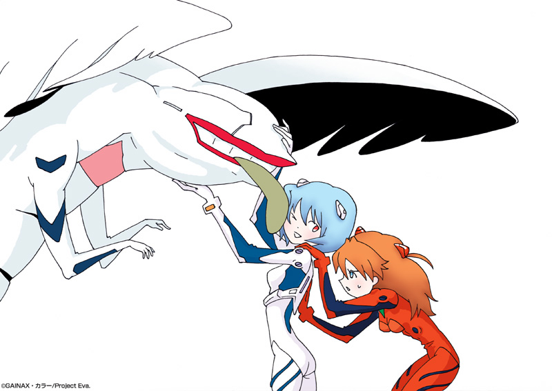 uramoto yuuko, angel (evangelion), ayanami rei, mass production eva, souryuu asuka langley, neon genesis evangelion, 2girls, :o, ass, blue eyes, blue hair, blush, bodysuit, bracer, breasts, company name, cowboy shot, from side, gainaxtop, gloves, grin, hair between eyes, hair ornament, hand on another's back, hand on another's shoulder, headpat, hiding, interface headset (evangelion), leaning forward, licking, licking another's face, long hair, mecha pilot suit, multiple girls, one eye closed, open mouth, orange hair, plugsuit (evangelion), red eyes, red hair, scared, short hair, simple background, skinny, small breasts, smile, sweat, sweatdrop, tongue, tongue out, two side up, white background, wings, wink