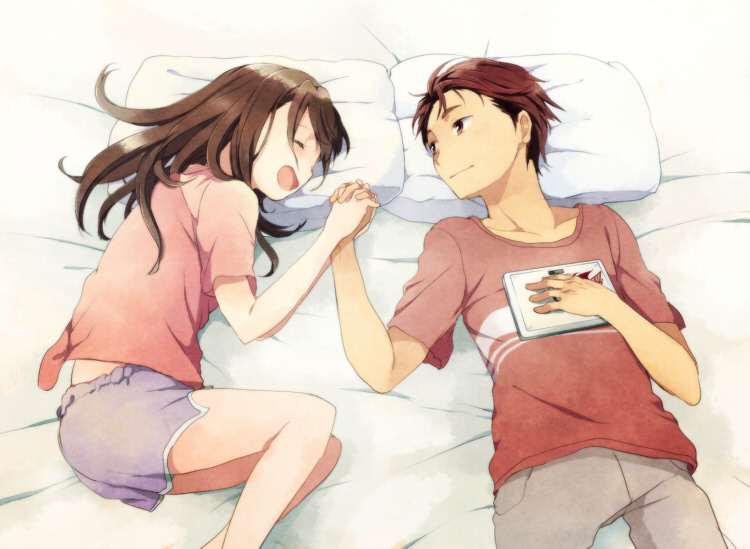 takana (nanao), senomiya akiho, yashio kaito, robotics;notes, science adventure, 1girl, bed, bed sheet, brown hair, closed eyes, couple, grey pants, hair down, happy, holding, holding hands, holding tablet pc, long hair, loungewear, lying, on back, on bed, on side, open mouth, pants, pillow, purple shorts, red eyes, red hair, red shirt, shared bed, shirt, shorts, smile, t-shirt, tablet pc, tongue