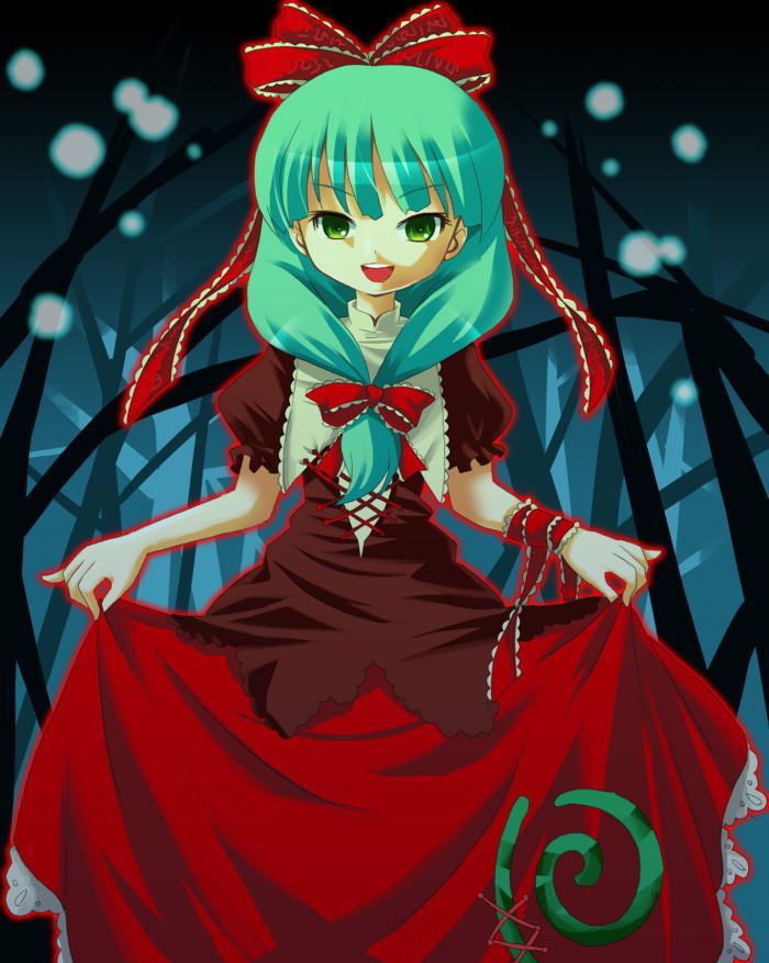 michii yuuki, kagiyama hina, touhou, 1girl, :d, bow, cowboy shot, dress, evil smile, female focus, frills, front ponytail, green eyes, green hair, hair bow, looking at viewer, matching hair/eyes, open mouth, puffy short sleeves, puffy sleeves, red bow, red dress, shaded face, short hair, short sleeves, skirt hold, smile, solo, wrist cuffs